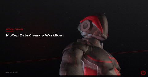 MoCap data cleanup workflow: robot character silhouette on dark studio atmosphere background