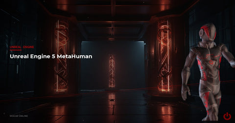 UE5 MetaHuman motion capture: digital DNA strand visualization in dark cinematic rendering space