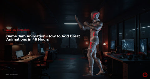 Game jam animation tips: dark studio with multiple glowing screens for 48-hour rapid prototyping