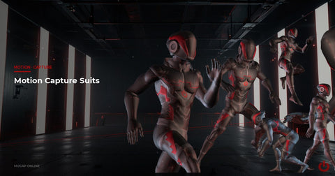 Motion capture suit guide: optical camera rigs with infrared tracking marker grid in dark studio