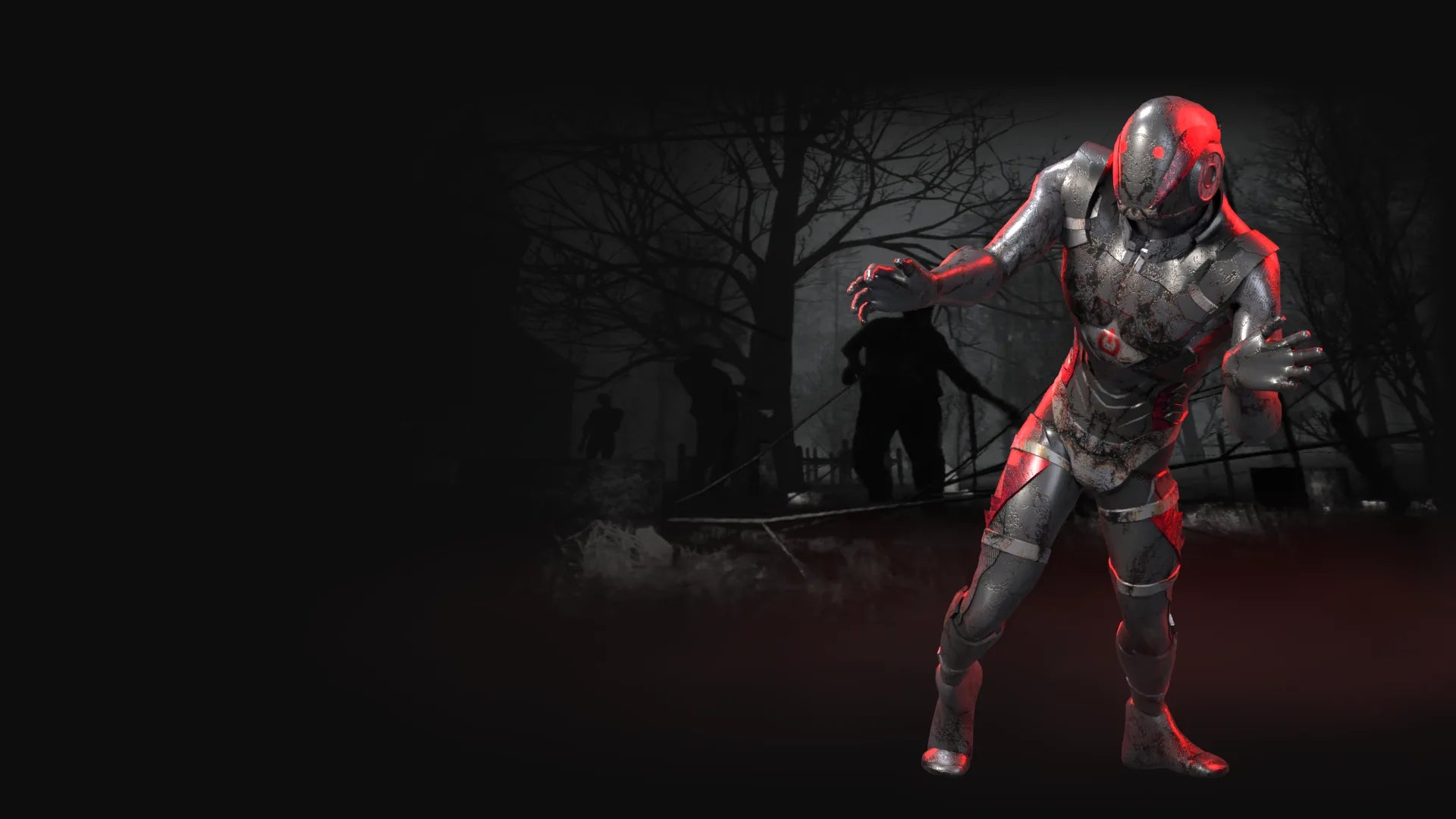 Motus Man as a zombie stalking out of a dark forest at night