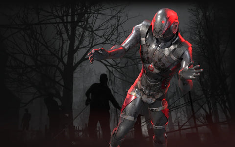 Zombie MotusMan reaching toward the camera in a dark forest
