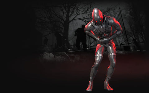 MotusMan doubled over in a death animation, dark forest
