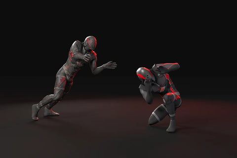 Zombie reaching toward a cowering survivor